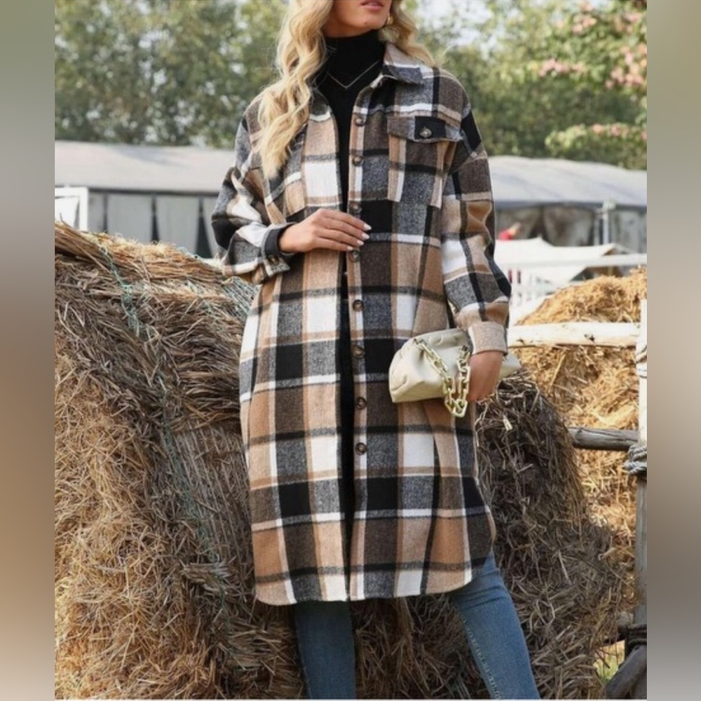 🍁New Fall🍁 Long Plaid Trench Style Coat Jacket With Front Patch Pockets - Picture 3 of 3